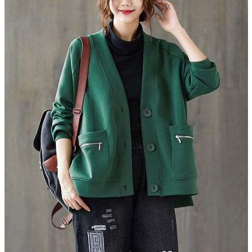Plus Size Womens Korean Style Hoodies Fashion Zipper Pockets V-neck Cardigan Jacket Spring Loose Single-Breasted Coats Moletom