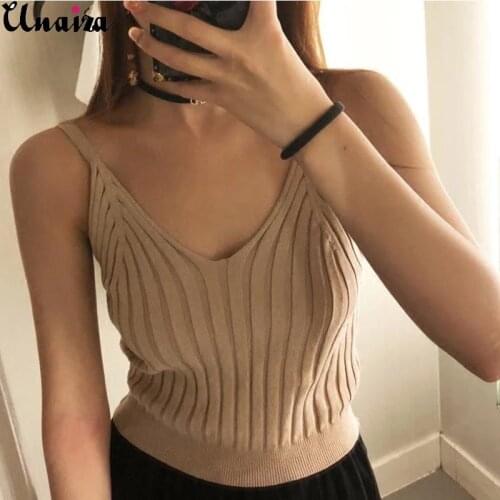 Unaiza Female Casual Shirt Short knit Vest Suspenders Womens Thin Solid Color Slim Fit New Base Shirt V-neck Solid Color Shirt