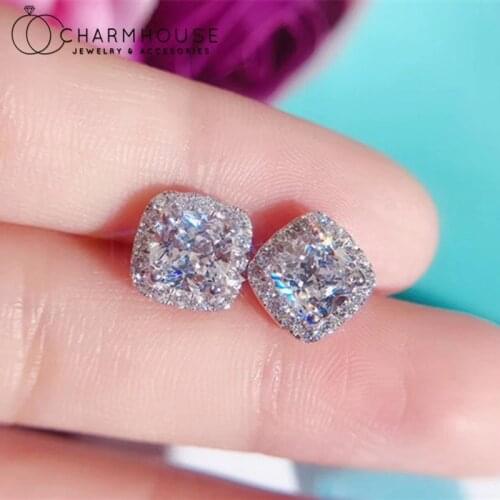 925 Sterling Silver Stud Earrings For Women 10mm Crystal Square Earing Brincos Femme Rhinestone Jewelry Accesories Party Gifts