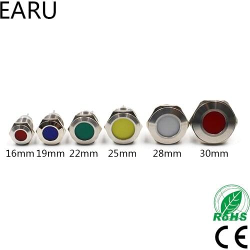 16mm 19mm 22mm 25mm 28mm 30mm Waterproof IP67 LED Metal Indicator Pilot Signal Warning Lamp Light 5V 12V 24V 110V 220V Red Blue