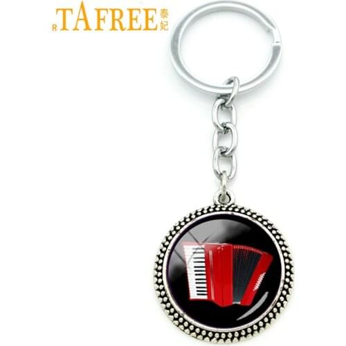 TAFREE Vintage elegant red accordion art pendant keychain music instrument key chains jewelry music lovers Christmas gift KC494