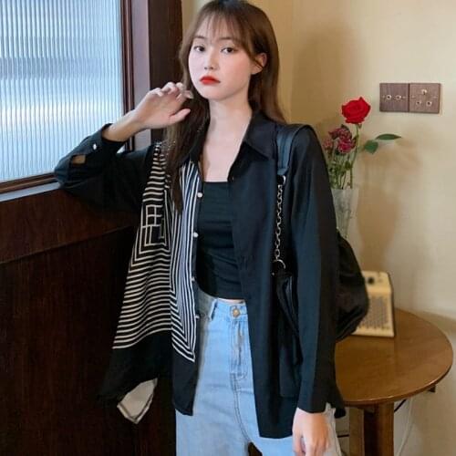 New Long Loose Falling Shoulder Long Sleeve Lapel Striped Patchwork Irregular Blouse Shirts Women