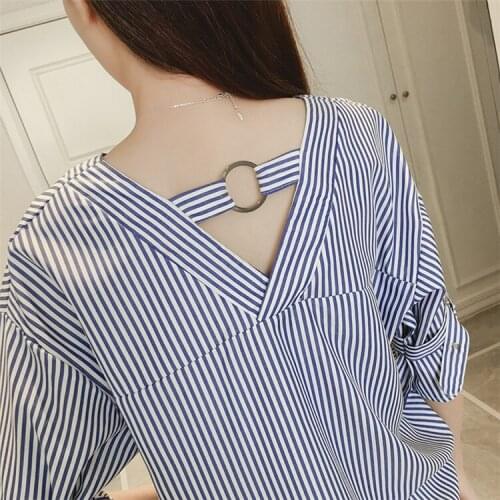 Women Blouse Summer Loose Bell Sleeve Striped V-neck Shirt Half Sleeve Top Blusas Ropa De Mujer