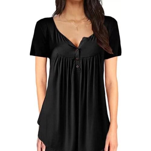 Smocked Single-Breasted Button T-Shirt Women Casual V-Neck Solid Short-Sleeved T-Shirt Woman Fashion Loose T-Shirts