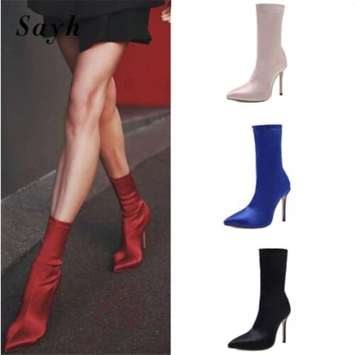 2020 Woman Ankle Boots Autumn Winter Fashion Lady Pointed Toe Satin Cloth Thin High Heels Pumps Sexy Shoes