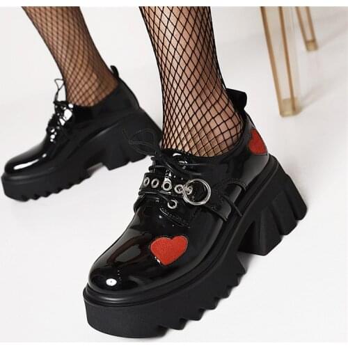 PXELENA Heart Shaped Women Platform Creepers Chunky High Heels Thick Sole Punk Rock Gothic Shoes British Oxfords Cosplay 35-43
