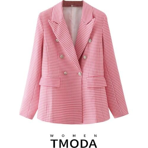 TMODA1755 Za 2021 Women Double Breasted Houndstooth Pink Blazer Coat Vintage Long Sleeve Pockets Female Outerwear Chic Veste