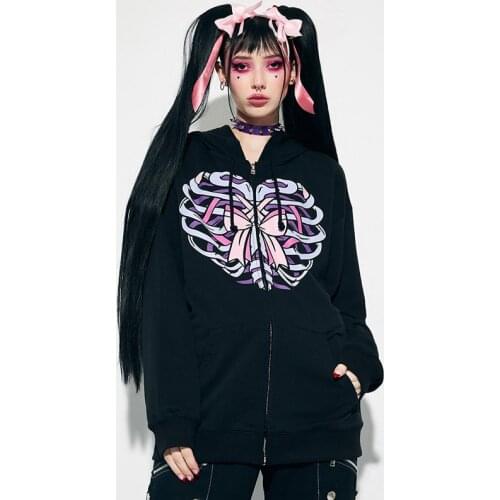 Harajuku Grunge Streetwear Hooded Skeleton Printed Zipper Oversized Sweatshirt Women Hip Hop Rock Cool High Street Jacket Top