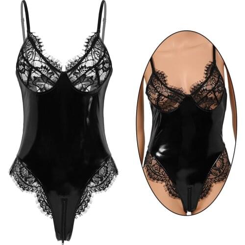Women One-piece Wetlook Patent Leather Lingerie Adjustable Spaghetti Straps Lace Cups Zippered Crotch Teddy Bodysuit Nightwear