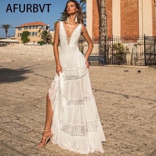 Vacation Maxi Dresses For Womens Summer 2021 Elegant Sexy Backless Beach Style Lace Hollow Out Bohemian White Long Loose Dress