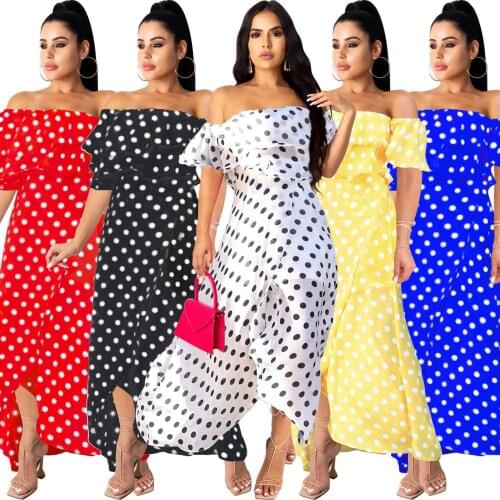 Dresses for Women 2021 Bohemian DOT Chiffon Sexy Chest Wrapping Asymmetrical Ruffles Slash Neck Dress Women Summer