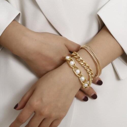 Golden Chunky Link Chain/Bone Chain Office Lady`s Pearl Bracelet Set