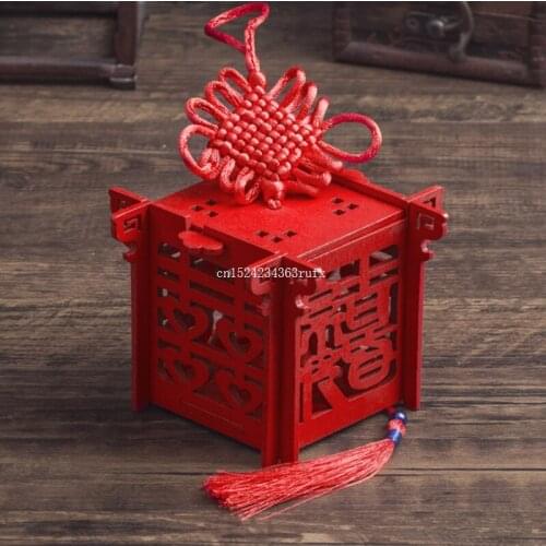 100pcs Double Happiness Candy Boxes Wood Chinese Gift Box Chinese Red Classical Sugar Case With Tassel Wedding Favors