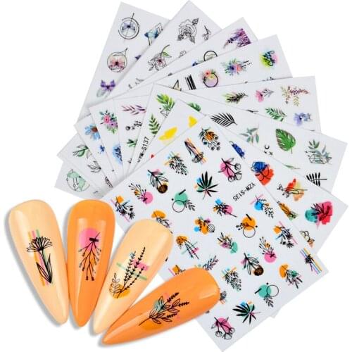 2021 New Nail Decal Stickers Black Leaf Flamingo Colorful Butterfly Manicuring Foils Geometric Slider Nail Art Adhesive Decor