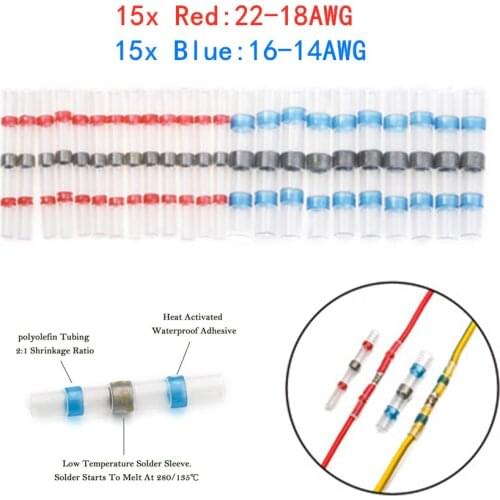 30pcs Heat Shrink Soldering Terminals Waterproof Solder Sleeve Tube Insulated Butt Electrical Wire Connectors 0.5-2.5mm2
