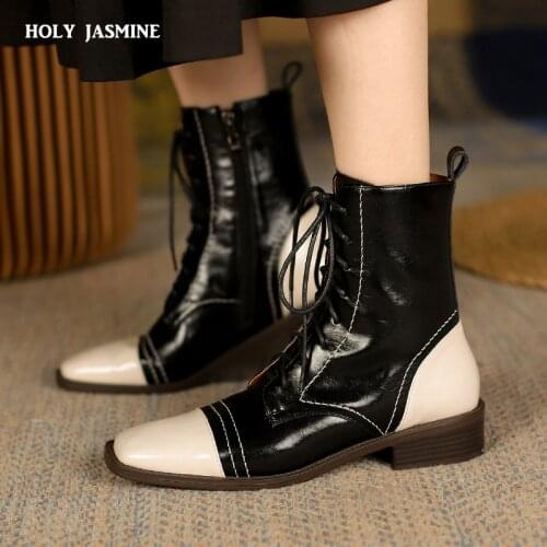 Fashion Mixed Colors Ankle Boots for Women Square Toe Genuine Leather Low Heels Shoes Woman Fall Party Wedding Chelsea Boots