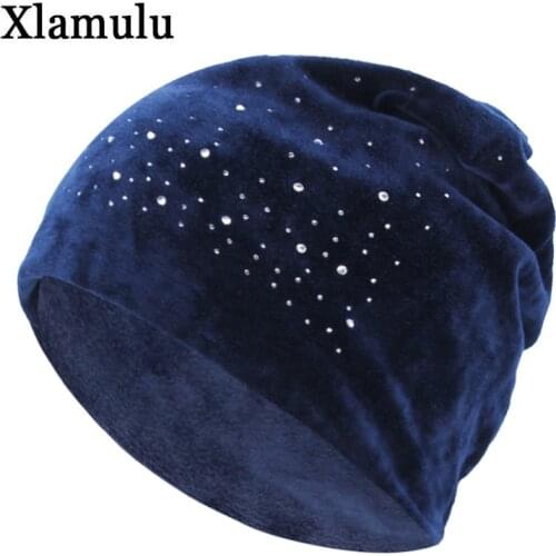 Brand Skullies Beanies Hat Women Winter Hats For Women Beanies Baggy Rhinestone Bonnet Velvet Gril Lady Caps Knitted Hat