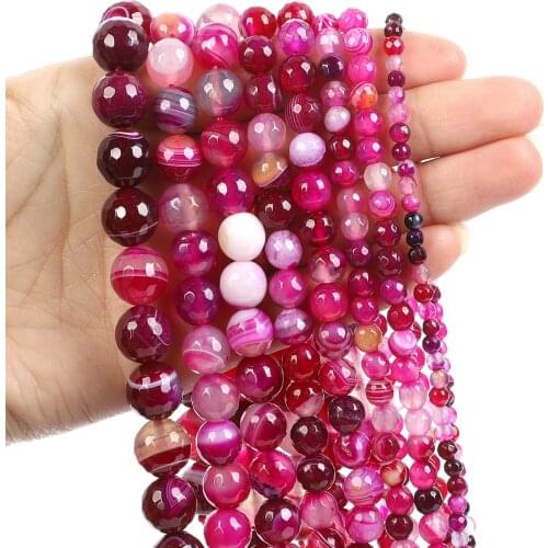 Natural Stone Beads Cut Surface Rose Red Striped Agate Loose Beads for Jewelry Making Needlework DIY Bracelet Strand 4-12 MM