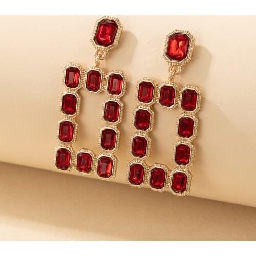 Docona Luxury Red Gem Drop Earring for Women New Fashion Square Geometric Metal Alloy Dangel Earrings Wedding Jewelry Gift
