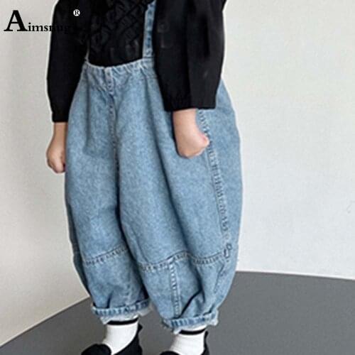 Unisex Girls Boys Demin Jumpsuits Kids Clothes Loose Suspending Jeans Romper European Style 2021 Children Demin Bodysuits