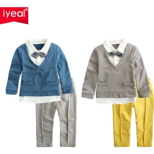 IYEAL Baby Boy Gentleman Suit Cotton Long Sleeve Childrens Clothes Set Fake Two-piece Tops With Bowtie + Pants For Kids Boys