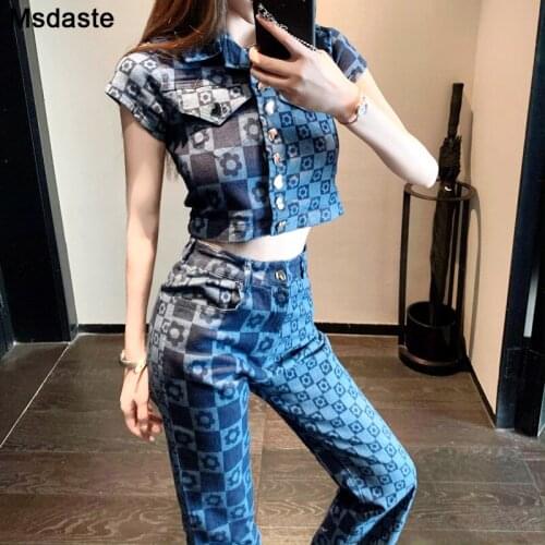 Summer Clothing Set 2 Pieces: Jacket+pants Flower Plaid Print Blue Buttons Casual Woman Fashion Track Suits Two Piece Outfits