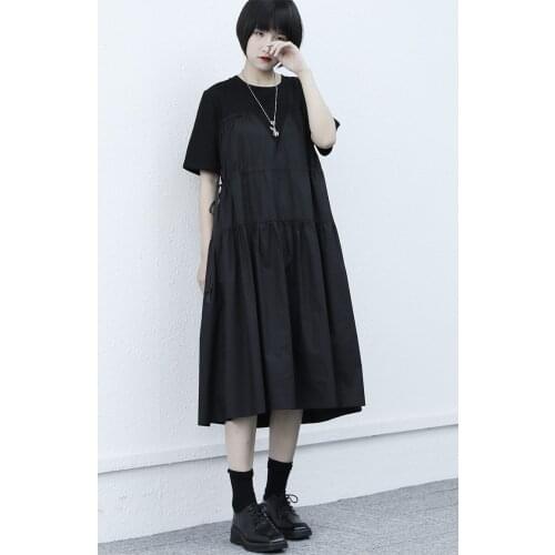 Summer 2021 new short sleeve design, loose and thin drawstring waist dress, Black Knee Length Skirt