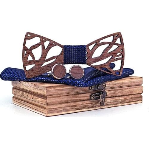 Linbaiway Mens 3D Wooden Bowtie for Mens Wedding Papillon Corbatas Hollow Carved Wood Bow Tie Handkerchief Cufflinks Man Corbas