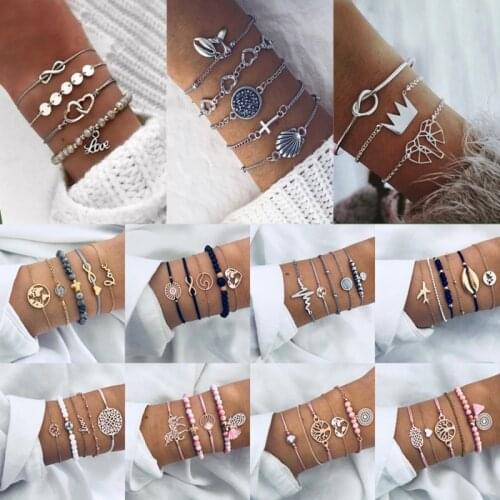 Bracelet Set For Women 2021 New Bohemian Black Rope Chain aircraft Shell Moon Heart crystal Charm Bangle Boho Jewelry