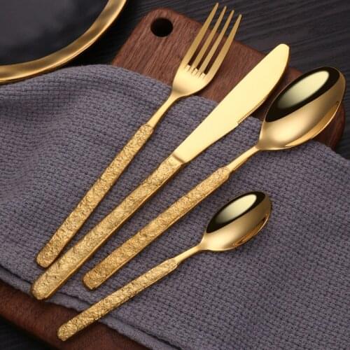 Golden Spoon Fork Knife Set Stainless Steel Portable Cutlery Fork Spoon Knife Set Travel Couverts Voyage Kitchen Utensils DL6DCS