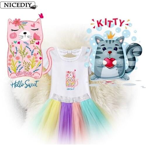 Nicediy Iron on Transfers For Clothes T-Shirt Lovely Cat Animal Patches Heart Transfers Stickers For Girl Kids DIY Clothes Badge
