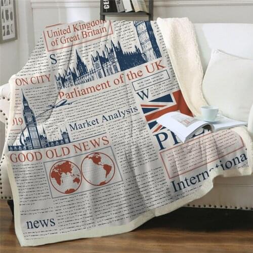 New spaper Sherpa Fleece Blanket UK London Throw Blanket Magazine Bedspread Letters Classic Mantas Blanket