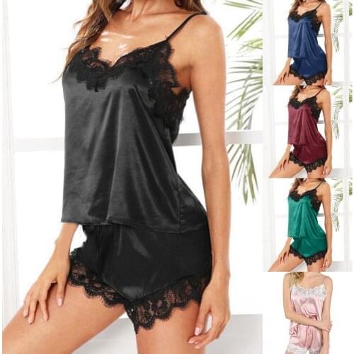 Women Sleepwear Sleeveless Strap Nightwear Lace Trim Satin Cami Top Pajama Sets Sexy Women Ladies Satin Lingerie Lace Pajamas