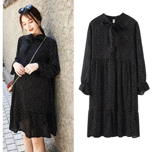 Moms Black Print Dot Chiffon Maternity Clothes for Pregnant Women Lactation Dress Knee-Length Breastfeeding Dresses Spring