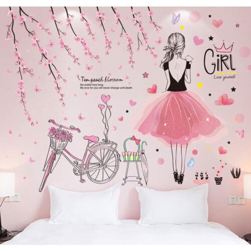 [shijuekongjian] Pink Flowers Bicycle Wall Stickers DIY Cartoon Girl Mura Decals for House Living Room Kids Bedroom Decoration