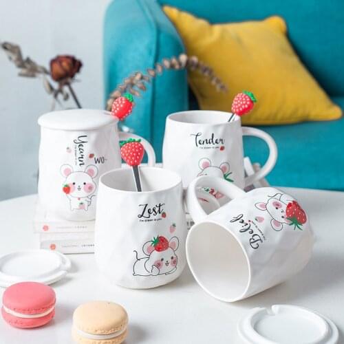 Lovely Cartoon Mugs Strawberry Mouse Ceramic Cups Student Korean Version With Spoon Lovers Water Cup Household Coffee Cups Mug