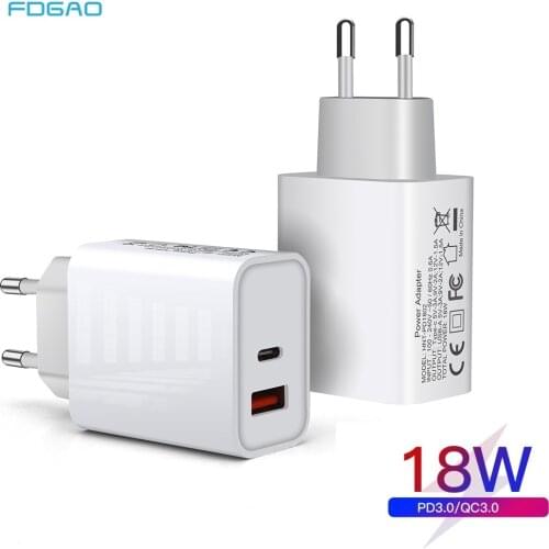 FDGAO 18W USB PD Charger Quick Charge 3.0 Adapter For IPhone 12 Pro 11 XS Max XR X iPad QC3.0 Fast Charge EU US UK Plug PD Port