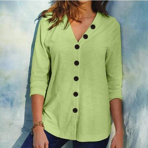 Womens Button V-neck Casual Long-sleeved Shirt Tops