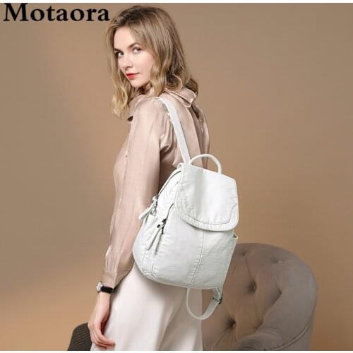 Motaora Womens Backpack White Washed Leather Backpack Female Small School Bags For Teenage Girls All-match Casual Travel Bag