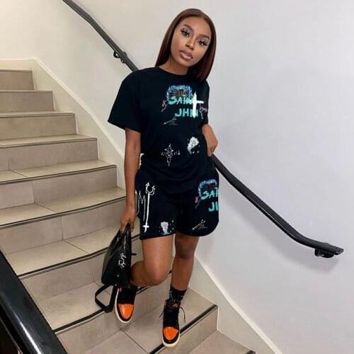 Streetwear Womens Sport Suit Summer Black Letter Print Short Sleeve T-shirt+biker Shorts Hip Hop Workout Running 2 Piece Sets