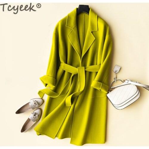 Tcyeek 100% Wool Coat Female Korean Sided Woolen Jackets Women Belt Clothes Long Cashmere Coat Spring Autumn Overcoat LWL1417
