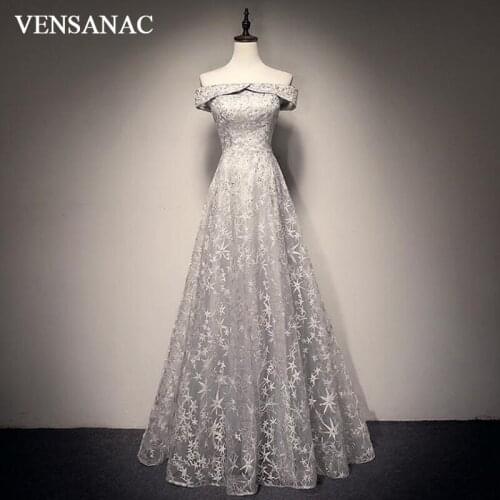 VENSANAC A Line Crystal Boat Neck Backless Long Evening Dresses 2018 Lace Appliques Short Sleeve Party Prom Gowns