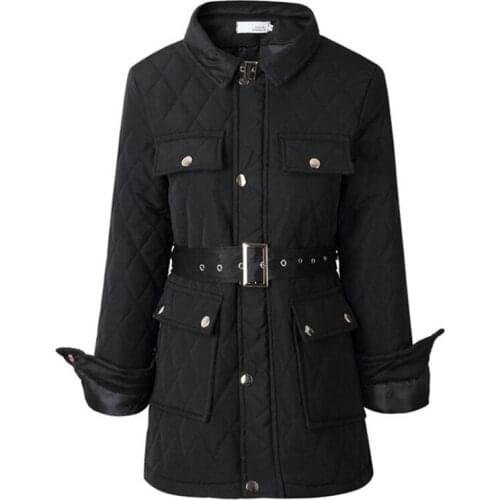 Winter Jacket Women Turndown Collar Jacket Elegant Woman Fashion Big Pockets Black Slim Coat Warm Thick Cotton Padded Overcoat
