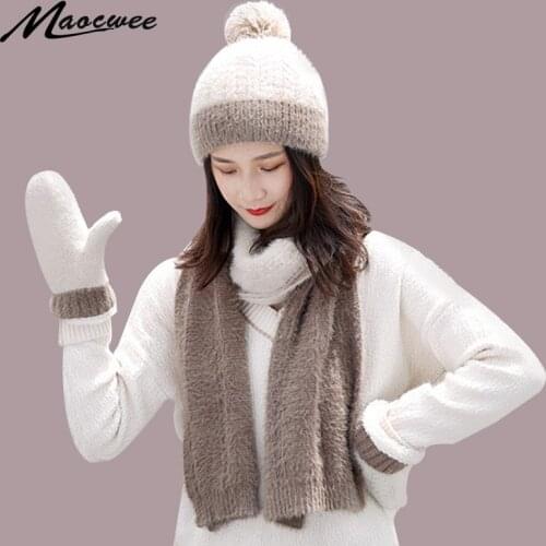 Faux Fur Winter Hat Scarf Gloves Sets Solid Thick Warm Outdoor Women Cap Gloves Set Fashion Outdoor Windproof Girl Beanie Bonnet