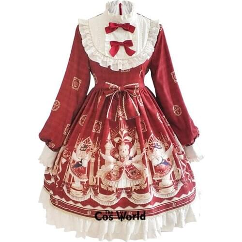 [Bear Bear] Lolita Sweet Vintage Long Sleeve Bowknot One-piece Shirt Dresses Costumes