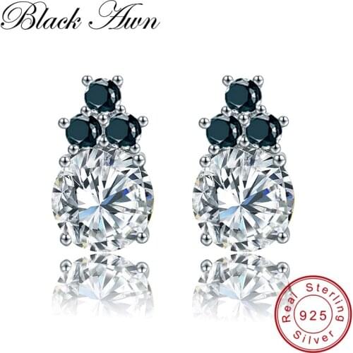 [BLACK AWN] Vintage 2.8g 925 Sterling Silver Fine Jewelry Natural Black Spinel Round Wedding Stud Earrings for Women T131