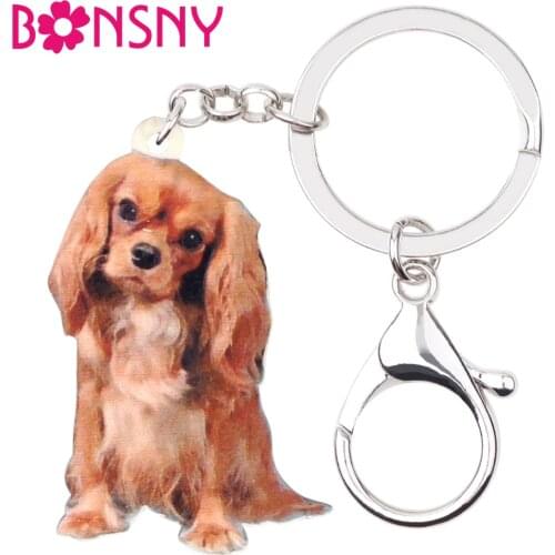 Bonsny Acrylic King Charles Spaniel Dog Key Chains Keychains Ring Cute Animal Pets Jewelry For Women Girls Gift Bag Car Charms