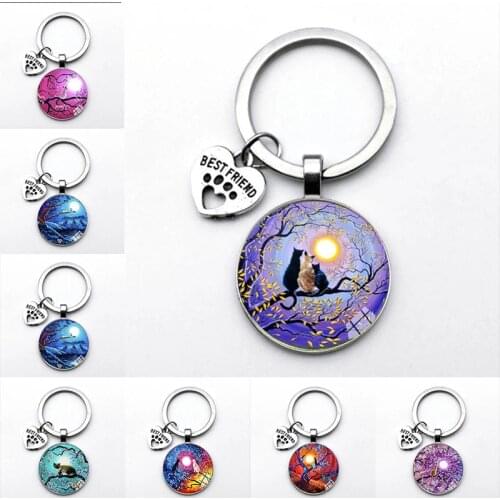 Cute Cat In The Night Sky Glass Cabochon Keychain Pendant Jewelry Cat On WomenS Flower Tree Charm Key Ring Gift