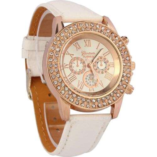 Ladies Fashion Hot Sale Quartz Watch Ladies Roman Numerals Crystal Dial Quartz Analog Leather Bracelet Watch White часы X