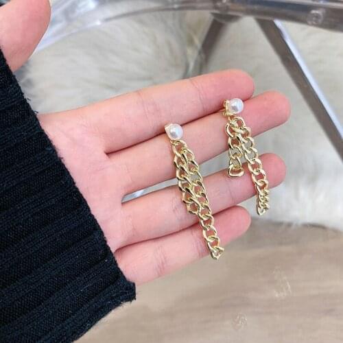 Gold chain geometric long pearl earrings, 2021 new temperament fashion womens earrings jewelry party gifts